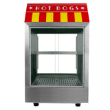 Wärmer für Hot Dogs mit rotem Dach und gelben Streifen, aus Edelstahl, mit zwei transparenten Regalen und perforiertem Boden für optimale Belüftung