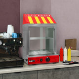 Der KuKoo Gastro Hot Dog Wärmer in leuchtendem Rot mit gelben Streifen, transparentem Glas und Edelstahloberfläche, ideal für die Präsentation von Hot Dogs
