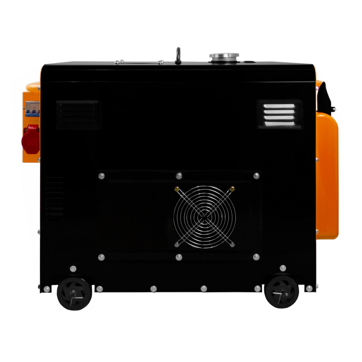 Schwarzer, geräuschloser T-Mech Diesel Generator mit orangefarbenem Tank, seitlicher Lüftung und robusten Rädern für einfache Mobilität