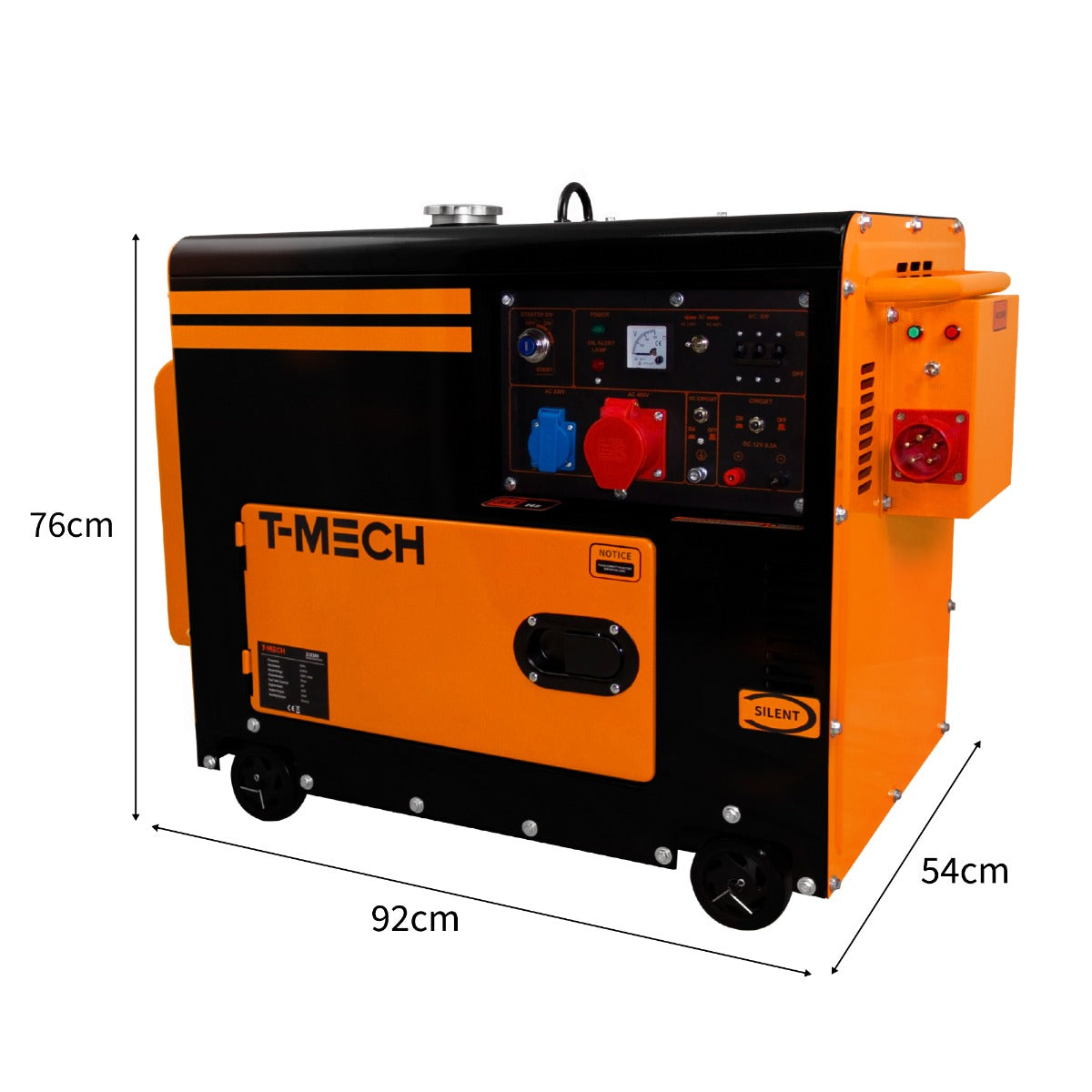 Der T-Mech Diesel Generator in Schwarz und Orange, geräuschlos, mit Bedienfeld, Steckdosen und robusten Rädern, misst 92 cm x 76 cm x 54 cm