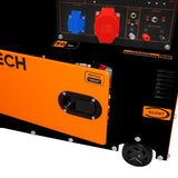 Dreiphasiger T-Mech Diesel Generator in Schwarz und Orange, geräuschlos, mit Bedienelementen und Rädern für einfache Mobilität