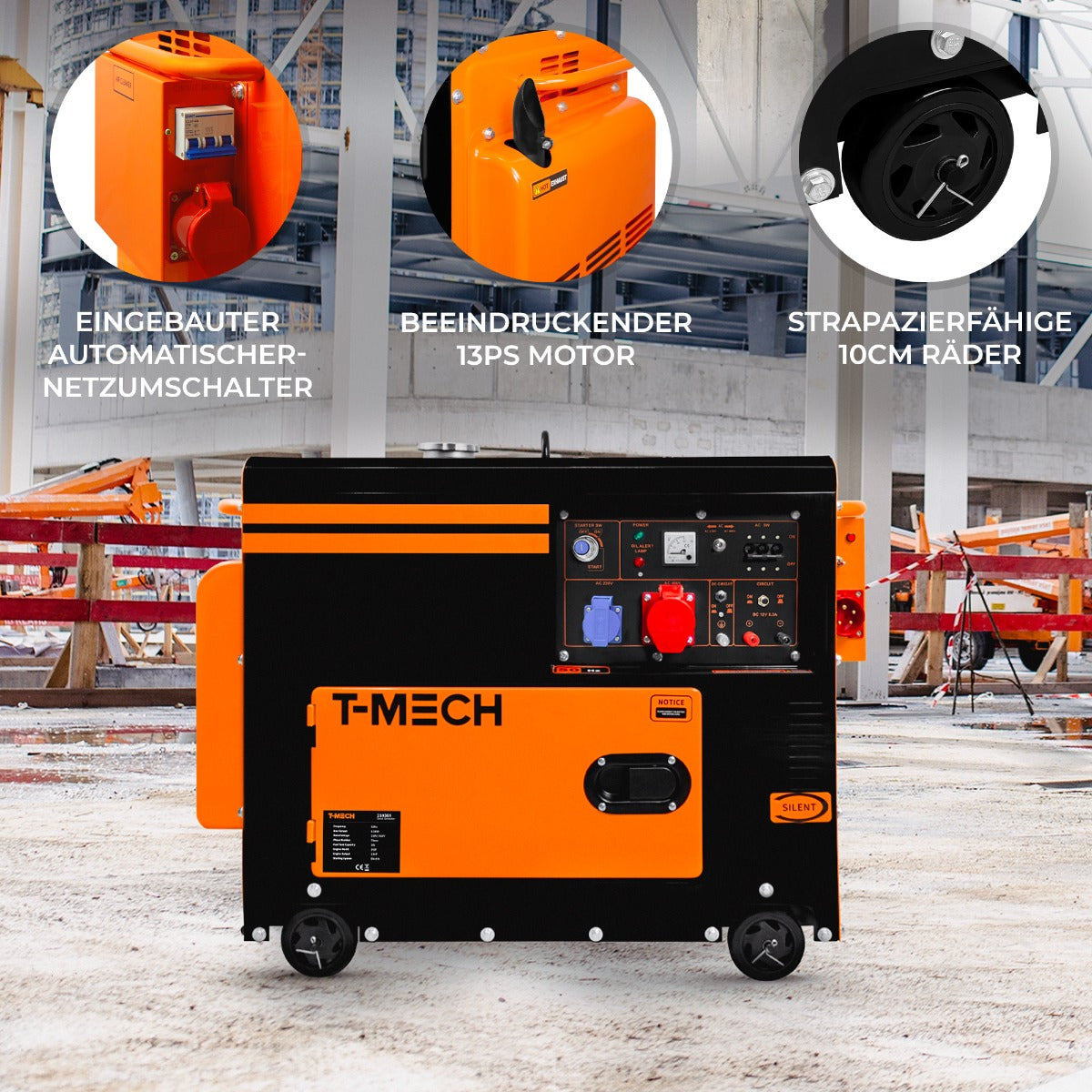Dreiphasiger T-Mech Diesel Generator in Schwarz und Orange, ausgestattet mit einem 13 PS Motor, automatischem Netzumschalter und robusten 10 cm Rädern