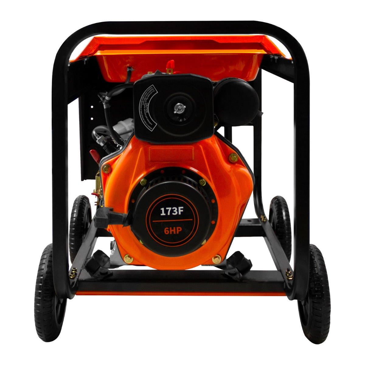 Offener Dieselgenerator T-Mech 2kVA mit robustem schwarzen Gestell, orangefarbener Motorhaube und großen Rädern für einfache Mobilität