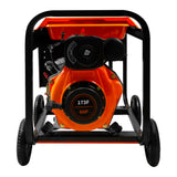 Offener Dieselgenerator T-Mech 2kVA mit robustem schwarzen Gestell, orangefarbener Motorhaube und großen Rädern für einfache Mobilität