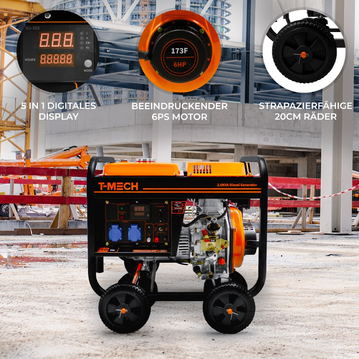 Offener T-Mech Dieselgenerator 2kVA mit digitalem Display, orange-schwarzem Gehäuse, 6PS Motor und robusten 20cm Rädern für einfache Mobilität