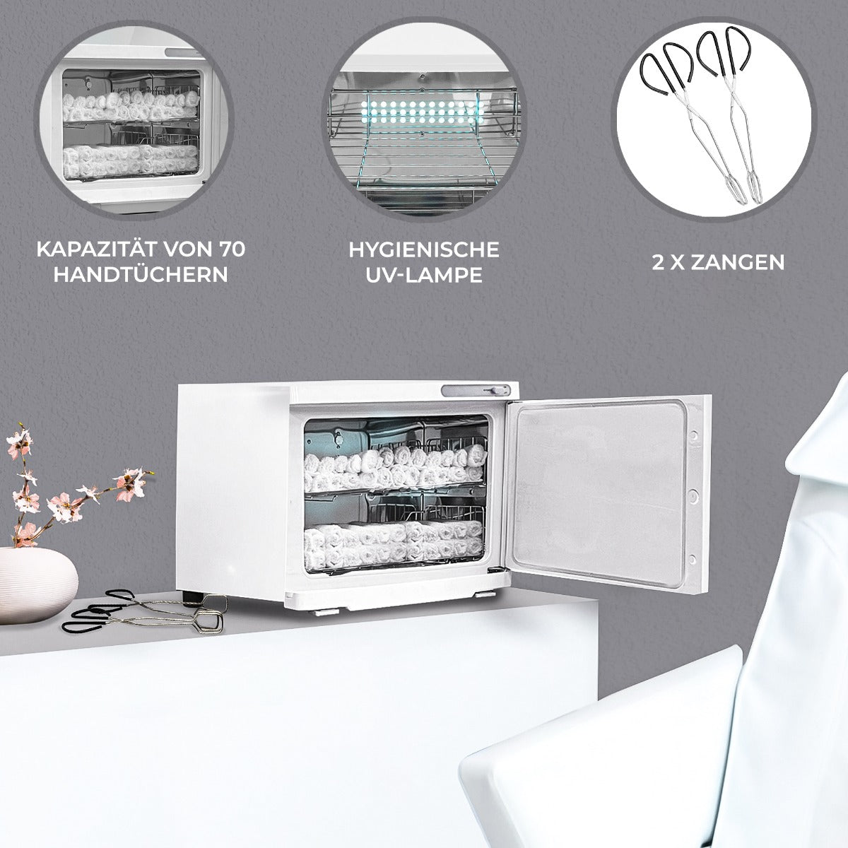 Handtuchwärmer in Weiß mit Kapazität für 70 Handtücher, hygienischer UV-Lampe und zwei Zangen, ideal für Wellness und Spa-Anwendungen