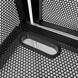 Schwarze DJ Booth Kabine mit runder, verspiegelter Öffnung und perforierter Metalloberfläche, ideal für Veranstaltungen und Partys