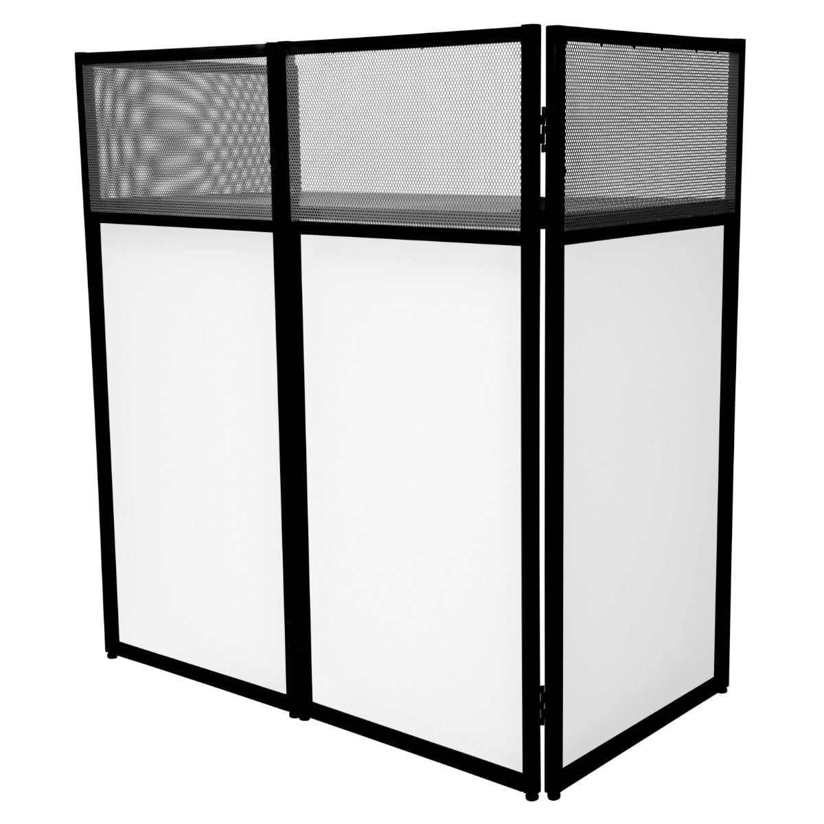 Schwarze DJ Booth Kabine mit weißen Paneelen und einem oberen Netz, ideal für Veranstaltungen und Partys, bietet Sichtschutz und stilvolles Design