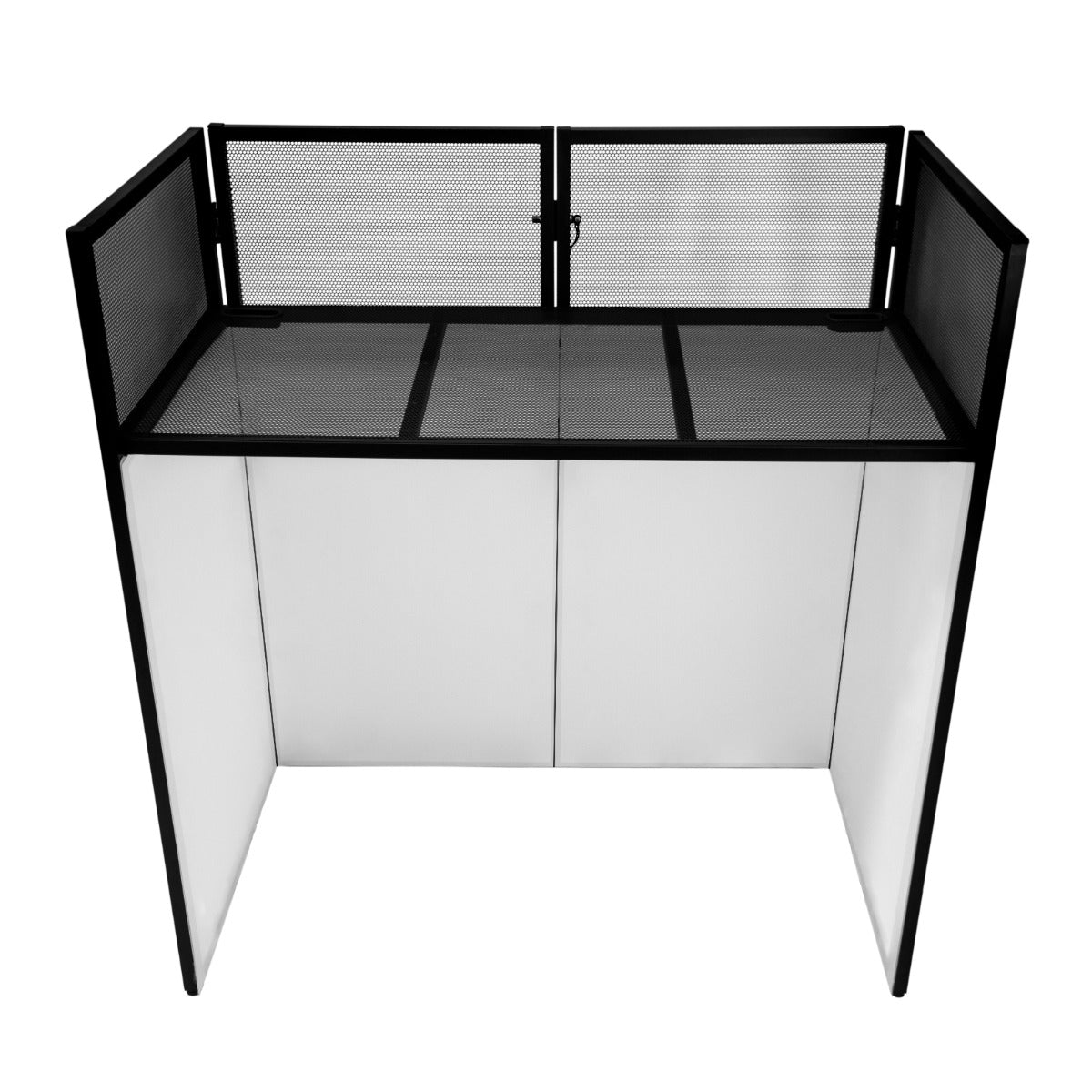 Schwarze DJ Booth Kabine mit einem stabilen, modernen Design, weißen Seitenwänden und einem Netzoberteil für optimale Belüftung und Sichtbarkeit
