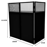 Schwarze DJ Booth Kabine mit Netzpaneelen, Maße 113,5 cm hoch, 105 cm breit und 57 cm tief, ideal für Veranstaltungen und Partys
