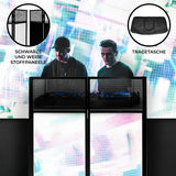 Schwarze DJ Booth Kabine mit weißen Stoffpaneelen, ausgestattet mit einer Tragetasche, ideal für Veranstaltungen und mobile DJs