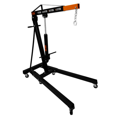 Robuster T-Mech Werkstattkran in Schwarz und Orange, mit einem Tragvermögen von 1000 kg, stabiler Basis und beweglichen Rollen für einfache Handhabung