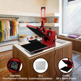 Hitzepresse in leuchtendem Rot mit digitalem Touchscreen, große 38 x 38 cm Platte, ideal für das Bedrucken von Textilien und Sublimationsblättern