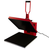 Rote Hitzepresse mit schwarzer Heizplatte und ergonomischem Griff, ideal für den Druck von Textilien und anderen Materialien, robust und benutzerfreundlich