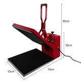 Rote PixMax Transferpresse mit schwarzer Heizplatte, 50 x 50 cm, verstellbarem Griff und digitalem Steuerdisplay, ideal für Textildruckprojekte