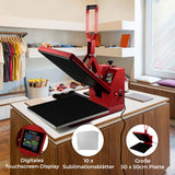 Rote PixMax Transferpresse mit digitalem Touchscreen-Display und großer 50 x 50 cm Platte, ideal für Sublimationsdruck und Textilgestaltung
