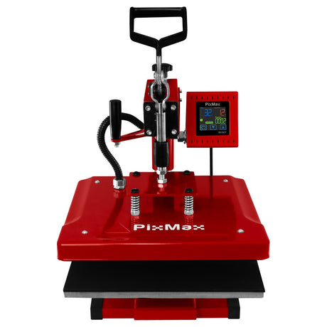 Schwenkbare Transferpresse in leuchtendem Rot mit digitalem Display, 38cm x 38cm, ausgestattet mit PTFE-Matte und Sublimationspapier für präzise Druckergebnisse