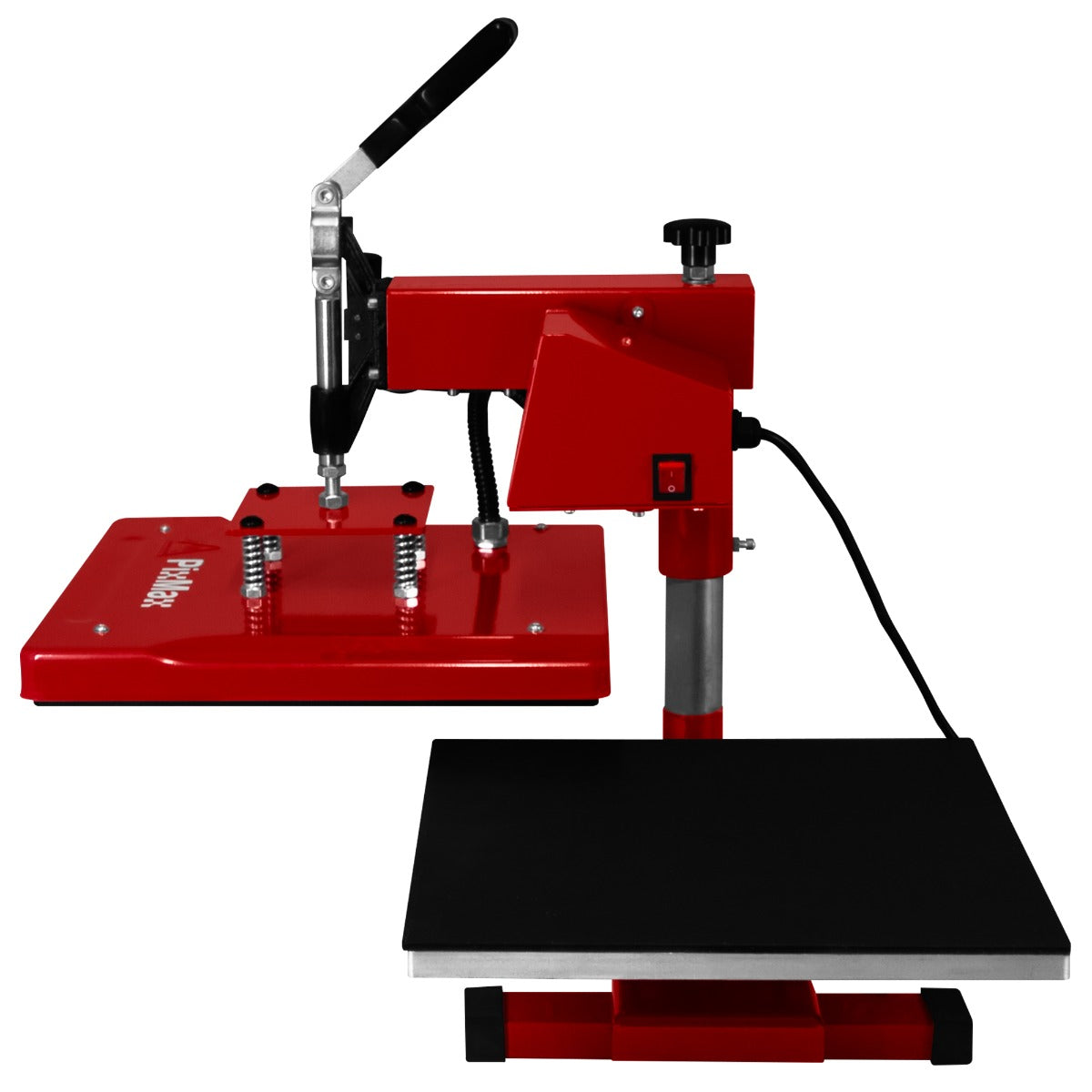 Rote PixMax 38 cm Schwing Transferpresse mit schwarzem Drucktisch, ideal für Textildruck, robustes Design und präzise Steuerung