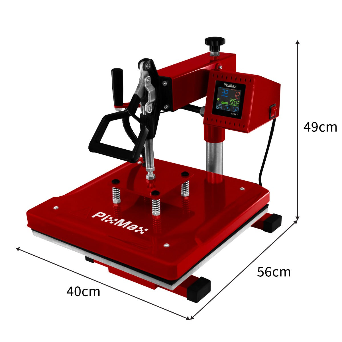 Rote PixMax 38cm Schwing Transferpresse mit digitalem Display, stabiler Basis und verstellbaren Griffen, ideal für Textildruck und kreative Projekte