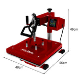 Rote PixMax 38cm Schwing Transferpresse mit digitalem Display, stabiler Basis und verstellbaren Griffen, ideal für Textildruck und kreative Projekte