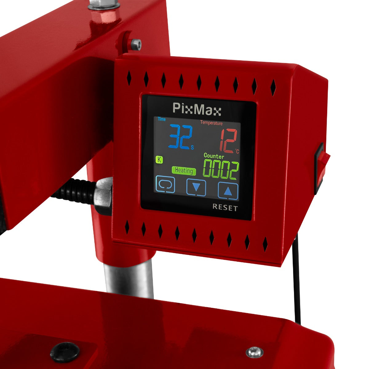 Die PixMax 38cm Schwing Transferpresse zeigt ein rotes Bedienfeld mit digitalem Display, das Temperatur, Zeit und Zähler anzeigt, ideal für Druckprojekte