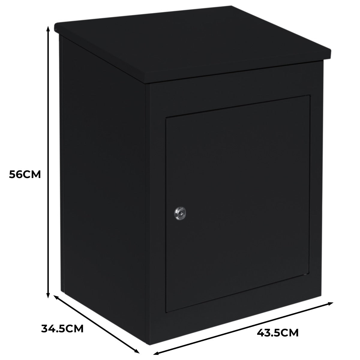 Schwarzer, quadratischer Anti-Diebstahl Paketkasten mit abgerundeten Kanten, abschließbarem Türmechanismus und robustem Metallmaterial, ideal für sichere Lieferungen