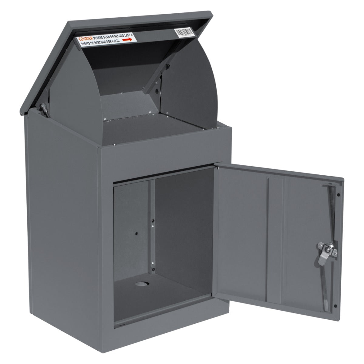 Grau anti-Diebstahl Paketkasten mit abschließbarem Fach, gewölbtem Dach und stabiler Metallkonstruktion, ideal für sichere Paketzustellungen