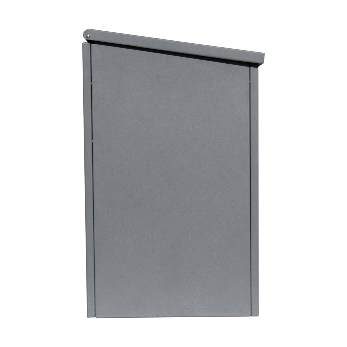 Grauer Anti-Diebstahl Paketkasten mit schrägem Dach, aus robustem Metall, bietet sicheren Stauraum für Pakete und schützt vor Witterungseinflüssen
