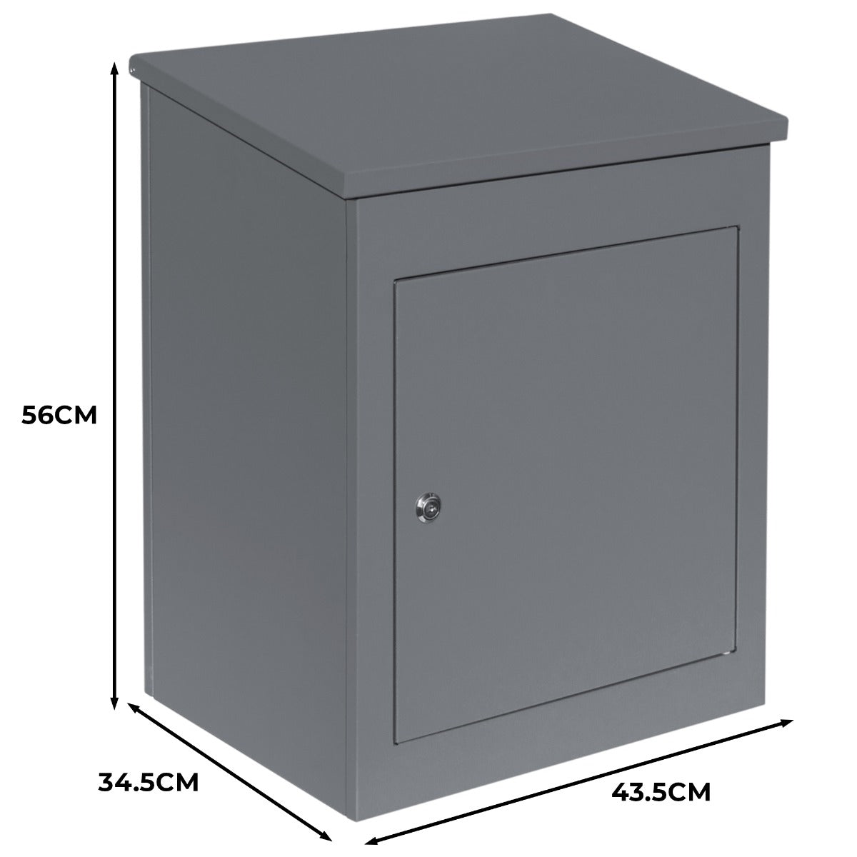 Grauer Anti-Diebstahl Paketkasten aus robustem Metall, rechteckig mit schlichter Oberfläche, sicherer Schlossmechanismus und kompakten Abmessungen