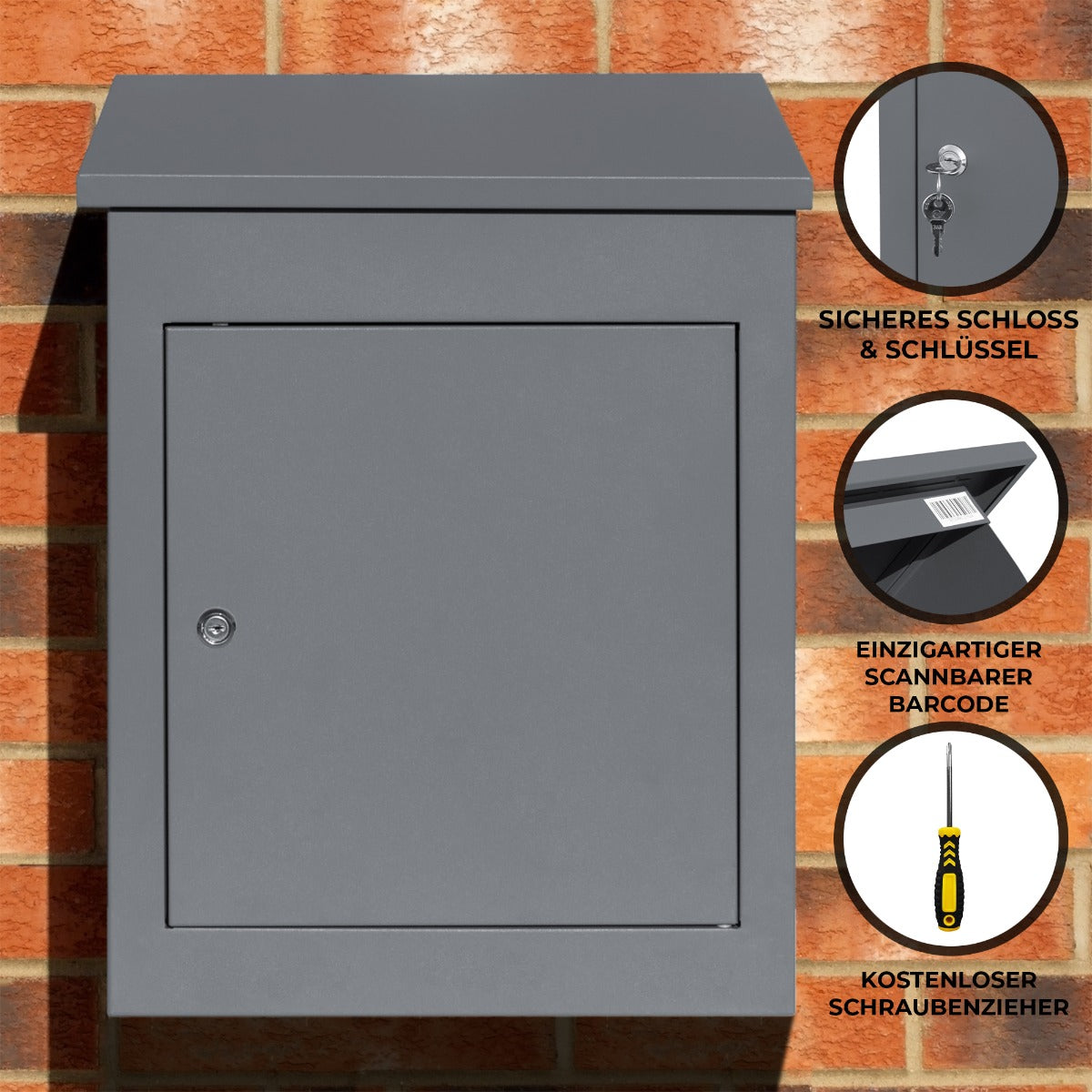 Grauer Anti-Diebstahl Paketkasten aus robustem Metall mit sicherem Schloss, schlüssellosem Zugang und einzigartigem scannbarem Barcode