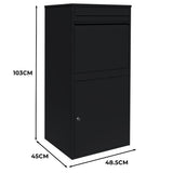 Schwarzer XL Anti-Diebstahl Paketkasten aus robustem Metall, mit zwei Fächern, einem oberen Einwurf und einem abschließbaren unteren Fach, ideal für sichere Paketzustellungen