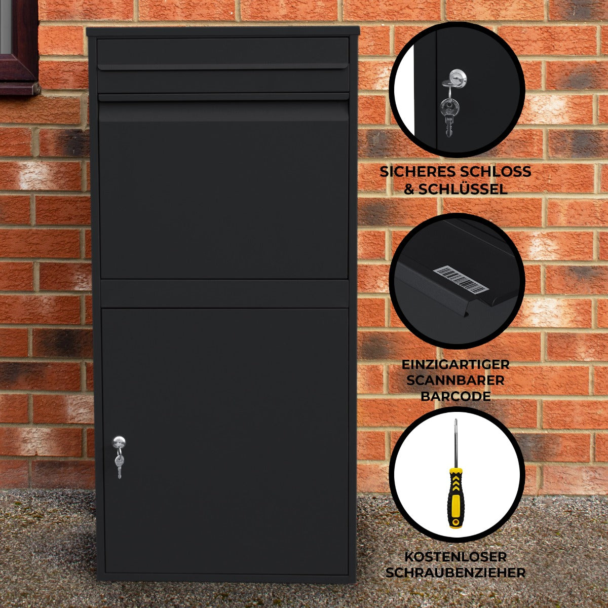 Schwarzer XL Anti-Diebstahl Paketkasten mit sicherem Schloss, einzigartigem scannbarem Barcode und einem kostenlosen Schraubenzieher, ideal für den Außenbereich