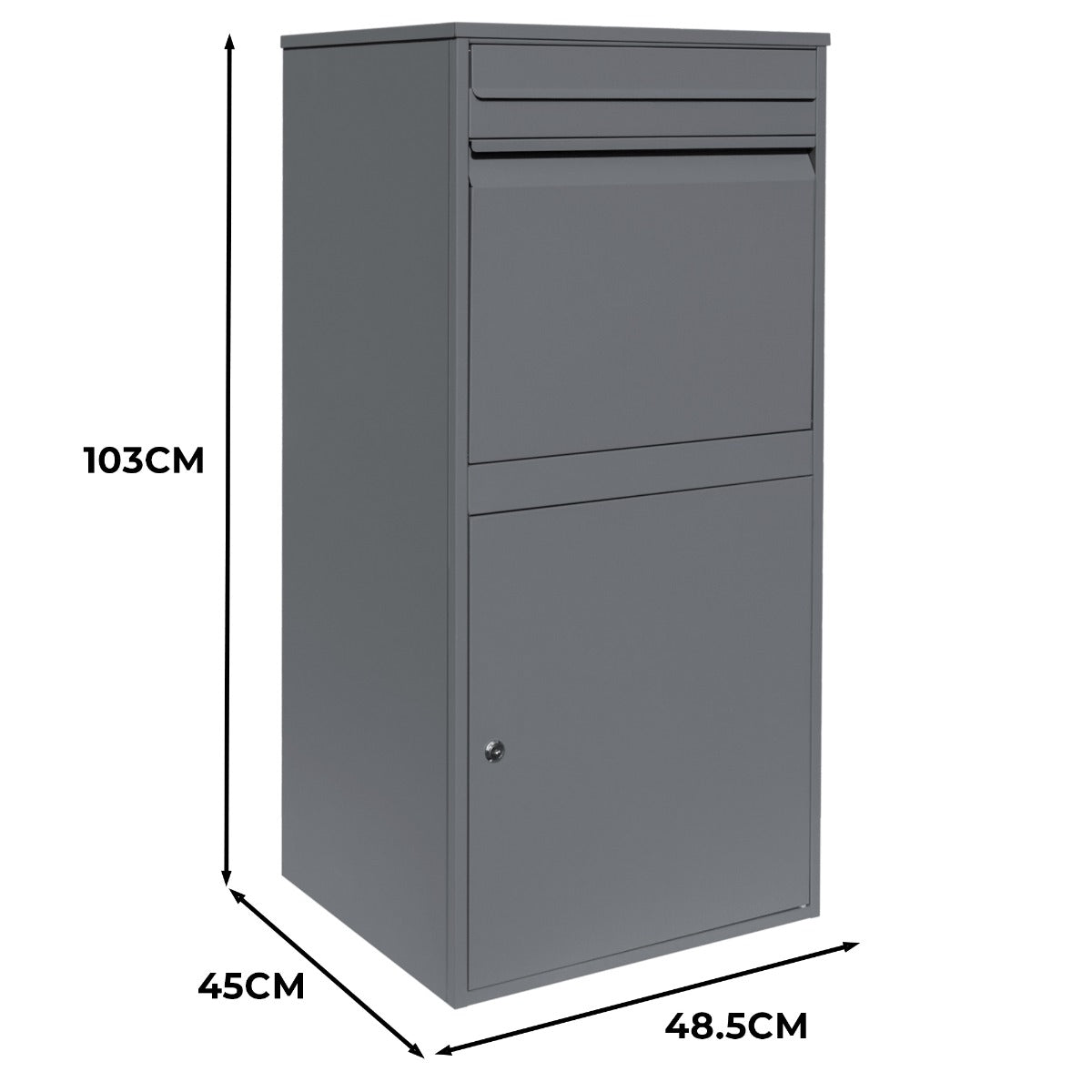 XL Anti-Diebstahl Paketkasten in Grau, aus robustem Metall, mit zwei Fächern, einem oberen Einwurf und einem unteren abschließbaren Bereich, modern und funktional