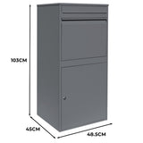 XL Anti-Diebstahl Paketkasten in Grau, aus robustem Metall, mit zwei Fächern, einem oberen Einwurf und einem unteren abschließbaren Bereich, modern und funktional