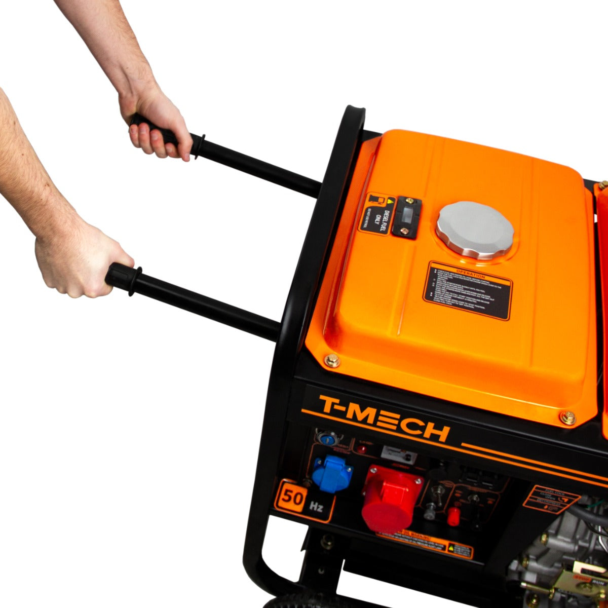 T-Mech offener Dieselgenerator 5kVA mit orangefarbenem Tank, schwarzem Gehäuse und robusten Griffen zum einfachen Transport