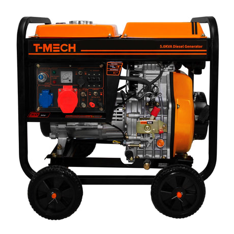 T-Mech offener Dieselgenerator 5kVA in orange-schwarzer Farbgebung, mit robustem Rahmen, großen Rädern und übersichtlichem Bedienfeld für einfache Nutzung