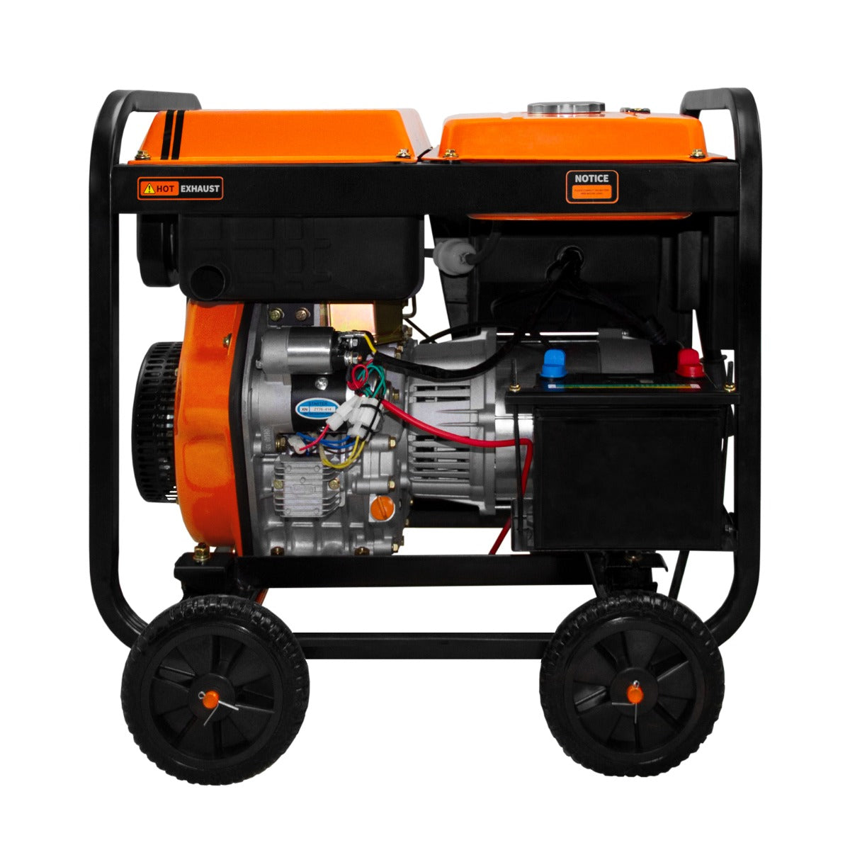 Offener T-Mech Dieselgenerator in orange und schwarz, 5kVA, mit robustem Rahmen, großen Rädern und sichtbarem Motor, ideal für mobile Stromversorgung