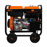 Offener T-Mech Dieselgenerator in orange und schwarz, 5kVA, mit robustem Rahmen, großen Rädern und sichtbarem Motor, ideal für mobile Stromversorgung