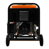 Offener Dieselgenerator T-Mech 5kVA mit schwarzem Gehäuse, orangefarbener Oberseite, robusten Rädern und sichtbarem Motor auf der Rückseite