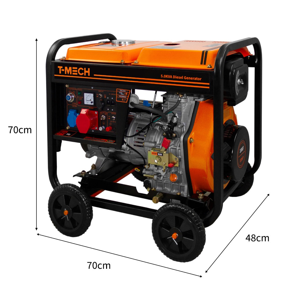 Offener T-Mech Dieselgenerator 5kVA in orange und schwarz, mit robustem Rahmen, großen Rädern und übersichtlichem Bedienfeld für einfache Nutzung