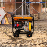 Offener T-Mech Dieselgenerator 5kVA in leuchtendem Gelb und Schwarz, robustes Design mit großen Rädern, ideal für Baustellen und mobile Stromversorgung