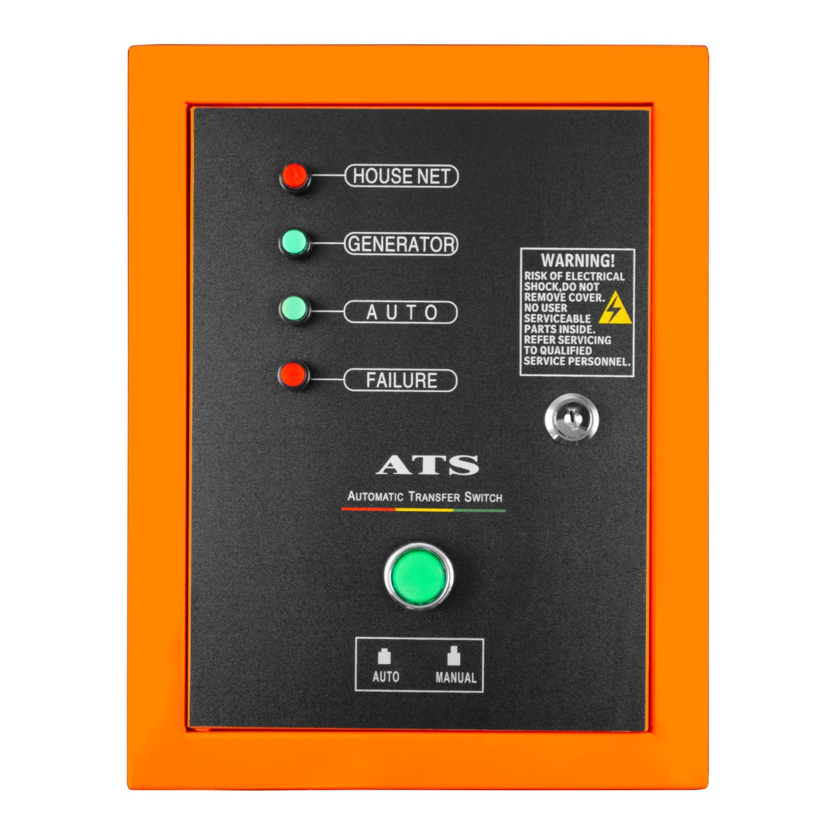 Schwarzer Steuerkasten mit orangefarbenem Rahmen, vier Kontrollleuchten und einem grünen Druckknopf für den T-Mech Dieselgenerator 5kVA