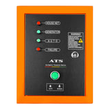 Schwarzer Steuerkasten mit orangefarbenem Rahmen, vier Kontrollleuchten und einem grünen Druckknopf für den T-Mech Dieselgenerator 5kVA