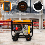 Offener T-Mech Dieselgenerator mit 5kVA, gelb-schwarzem Gehäuse, 10PS Motor, 20cm Rädern und Bedienfeld für einfache Nutzung auf Baustellen