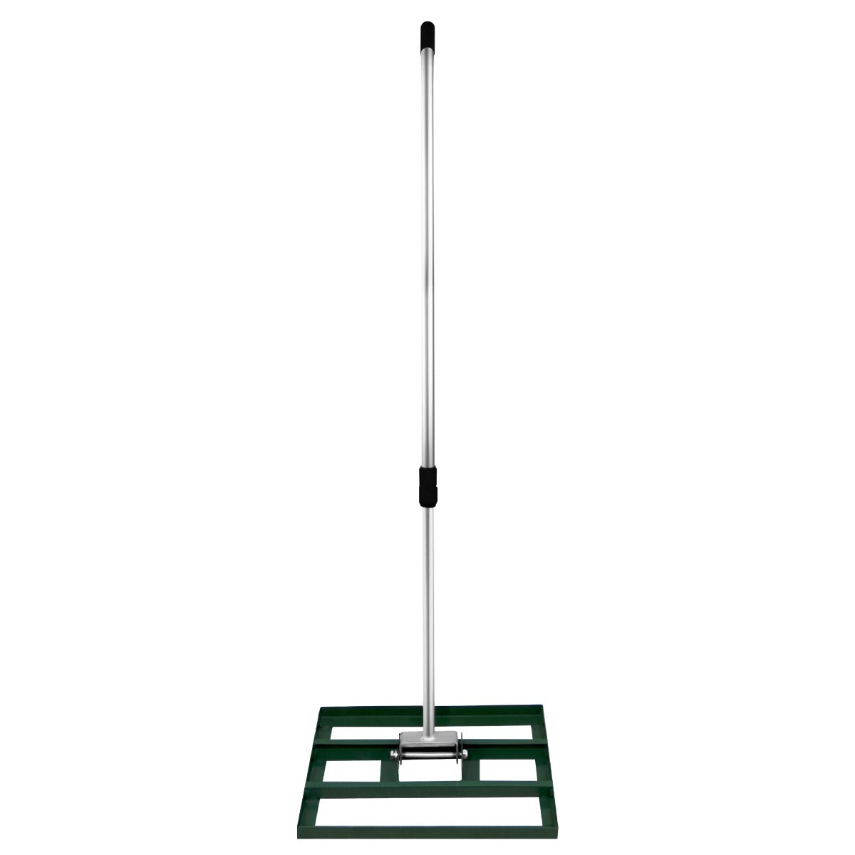 Grüner T-Mech Rasenrakel mit 50 cm breitem, stabilen Kunststoffsockel und einem langen, ergonomischen Aluminiumgriff für einfache Handhabung