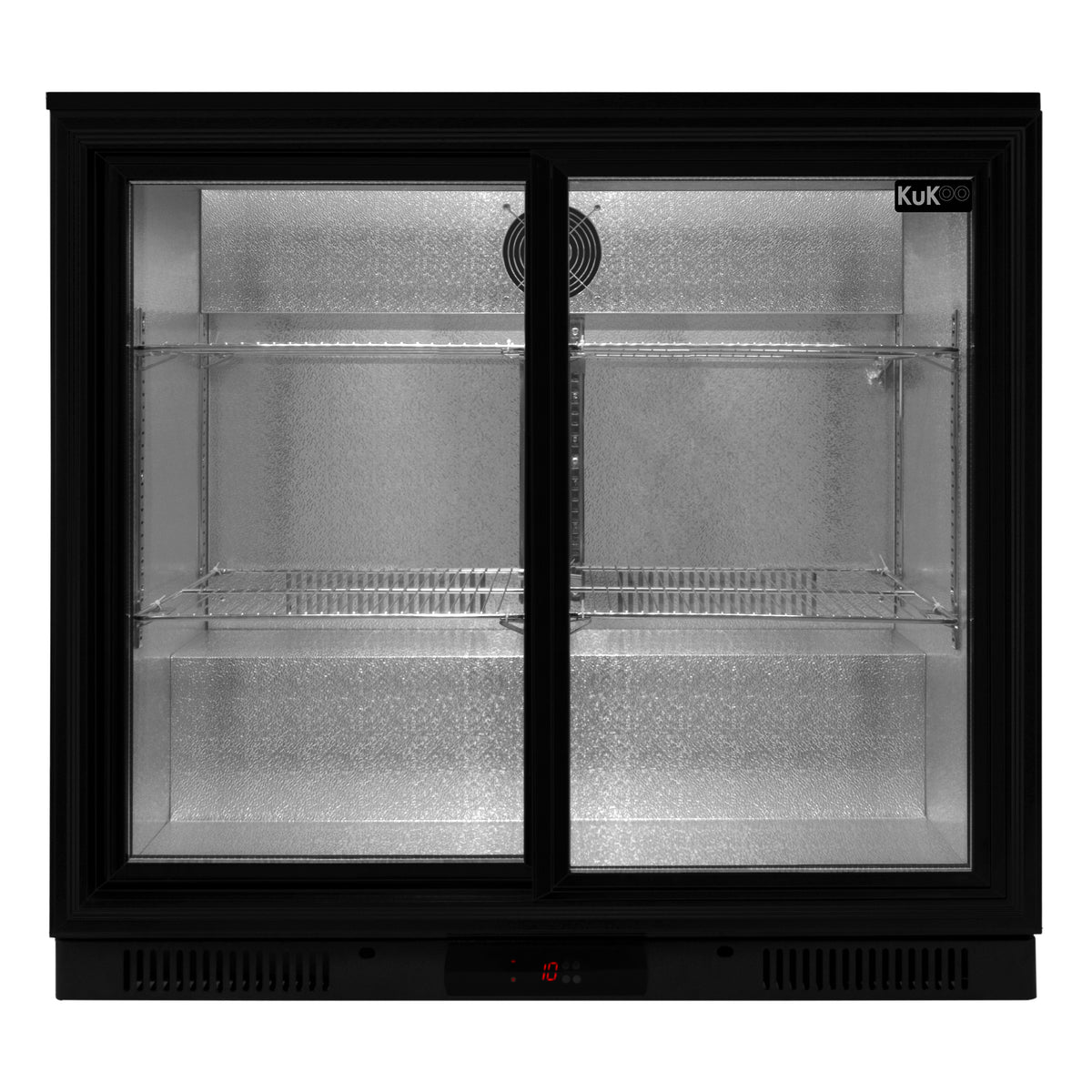 Schwarzer Kühlschrank mit Doppelschiebetüren, transparenten Regalen und LED-Beleuchtung, ideal für Bars zur optimalen Präsentation von Getränken
