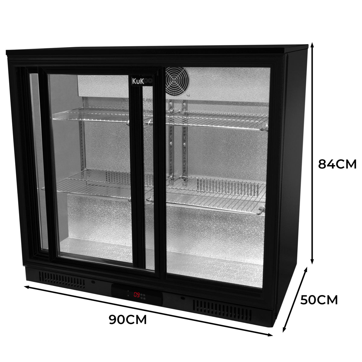 Schwarzer Kühlschrank mit Doppelschiebetüren, transparentem Glas und verstellbaren Regalen, ideal für Bars und Gastronomie, Maße 90x50x84 cm