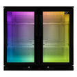 Barkühlschrank mit doppelter Scharniertür, schwarzes Gehäuse, glatte Oberflächen, Innenbeleuchtung in Regenbogenfarben, ideal für Flaschenlagerung