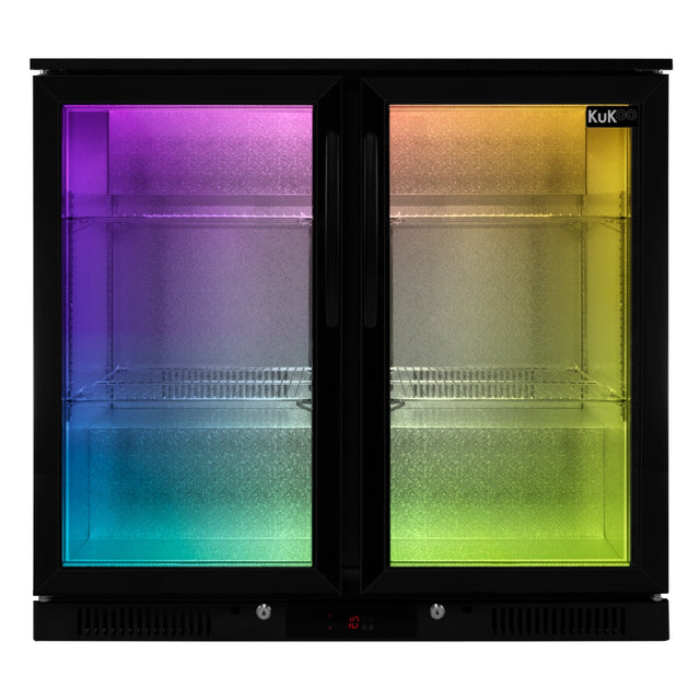 Barkühlschrank mit doppelter Scharniertür, schwarzes Gehäuse, glatte Oberflächen, Innenbeleuchtung in Regenbogenfarben, ideal für Flaschenlagerung