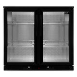 Schwarzer Barkühlschrank mit doppelter Scharniertür, beleuchtet, zwei Regalen aus Metall, glatte Oberflächen und modernes Design für Getränkeaufbewahrung